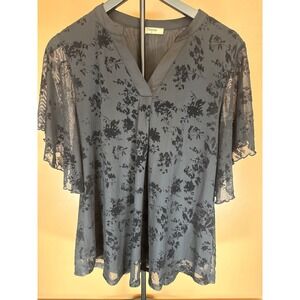Timeson Womens Floral Lace V-Neck Flutter Sleeve Blouse Charcoal Grey Medium